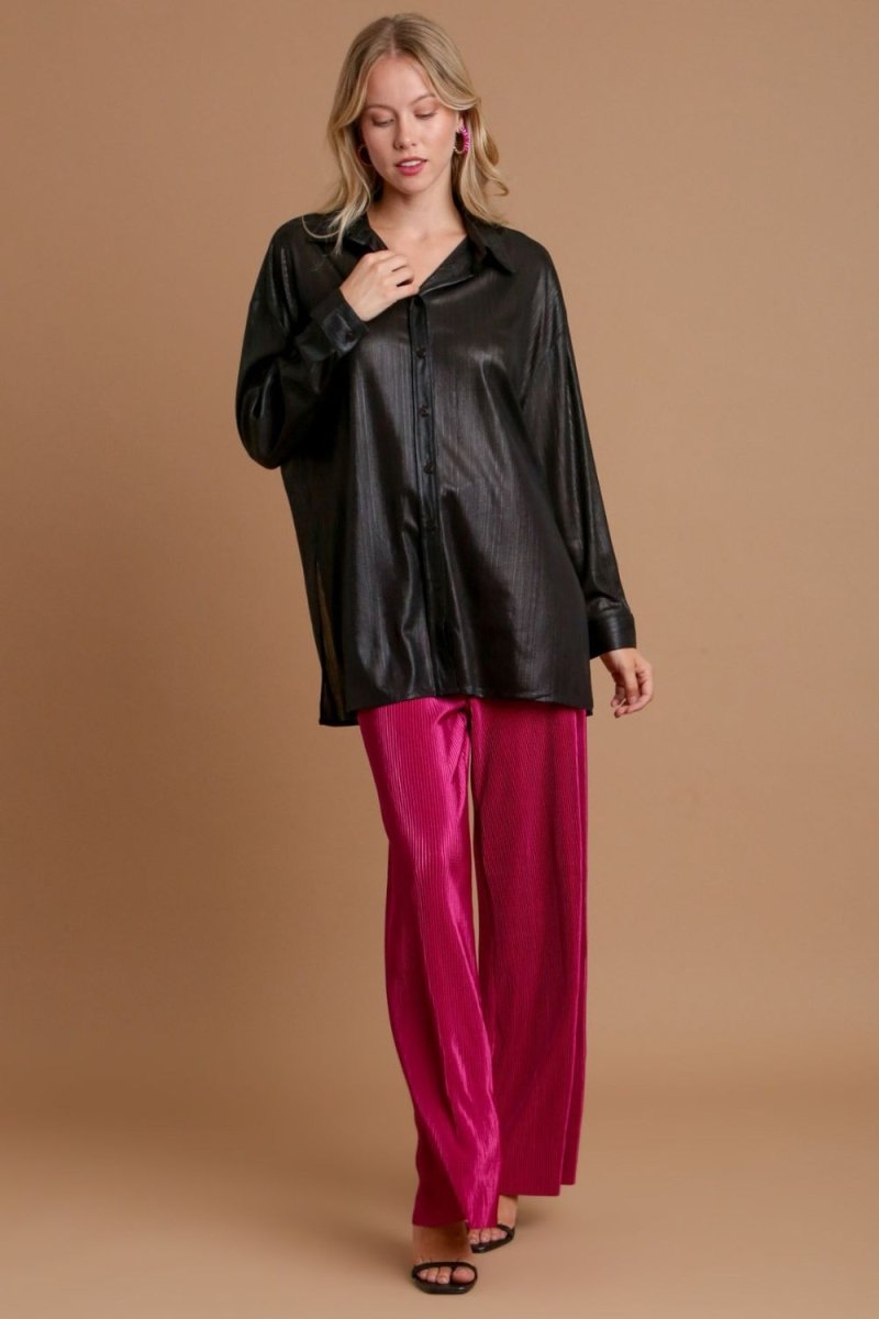 Umgee Side Slit Button Up Long Sleeve Shirt for Women - Love Salve